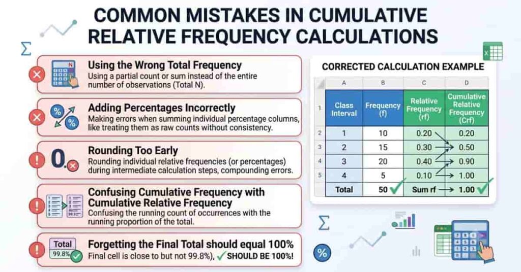 Infographic showing common mistakes when calculating cumulative relative frequency and how to avoid them.