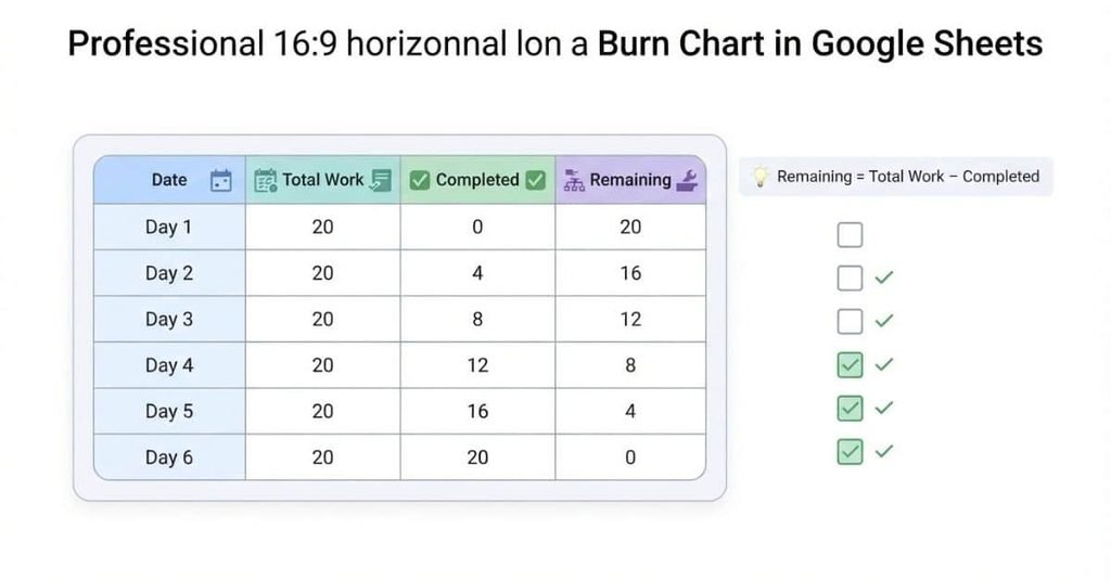 Google Sheets task data table with total, completed, and remaining work for a burn chart