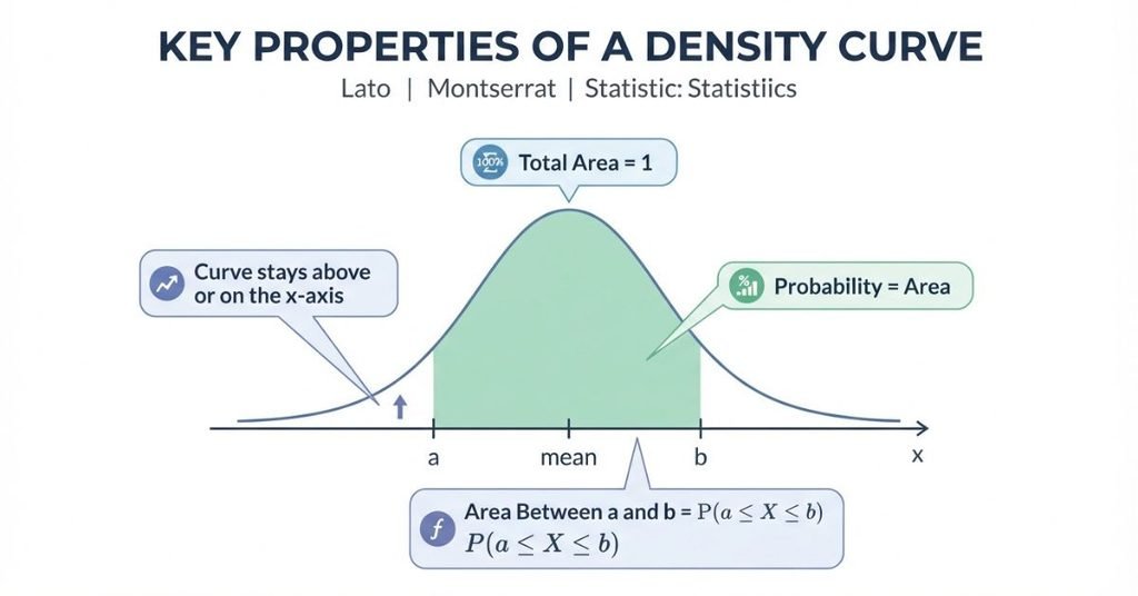 Properties of a density curve showing total area, probability, height, and interval area