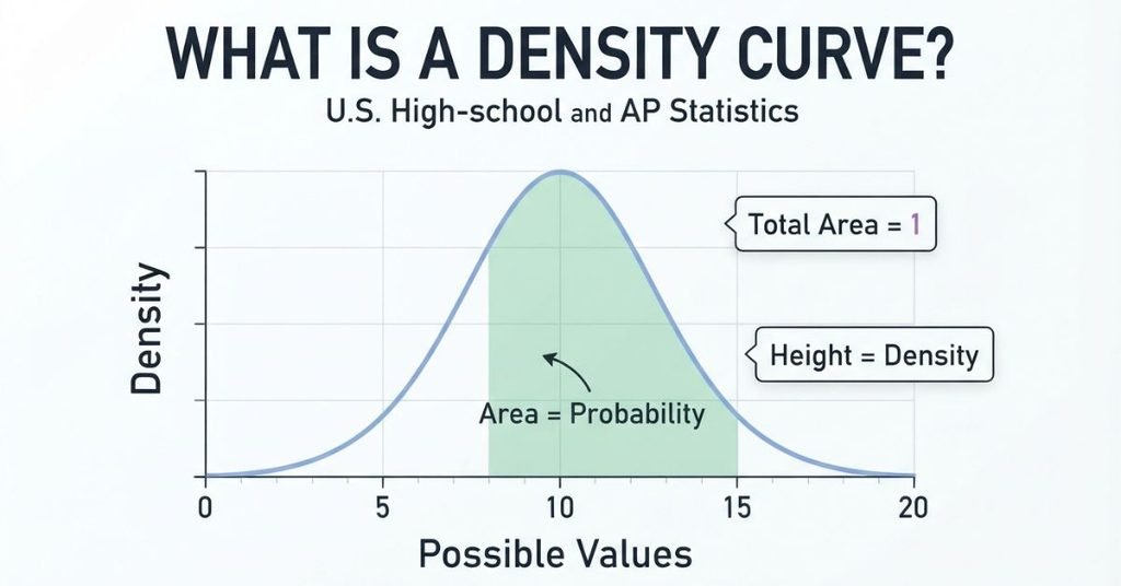 Density curve in statistics showing height, area, density, and probability