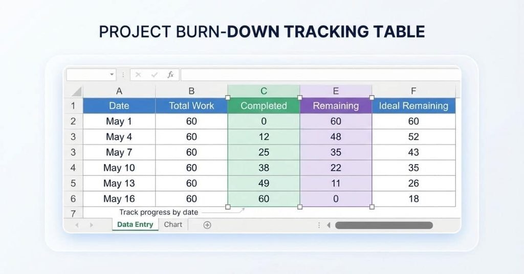 Excel task and progress table with dates completed work remaining work and ideal progress