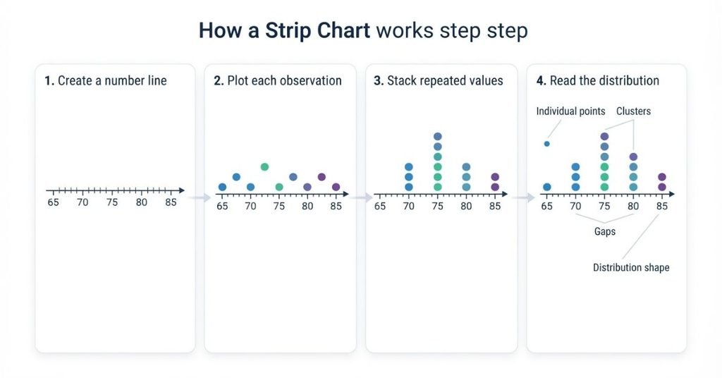 How a strip chart works with number line, data points, repeated values, and distribution