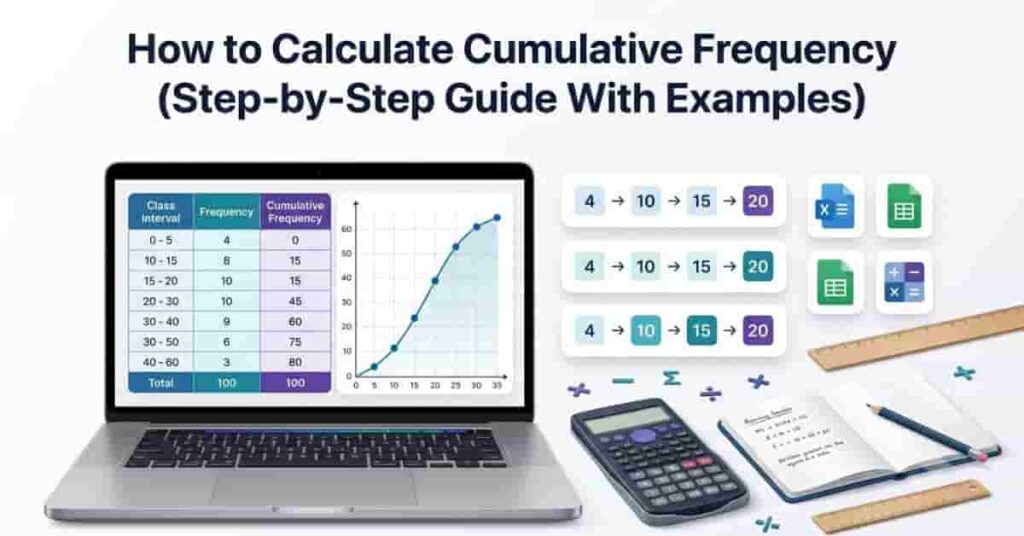 How to calculate cumulative frequency with a professional statistics dashboard showing a frequency table, cumulative frequency graph, calculator, and step-by-step data analysis.