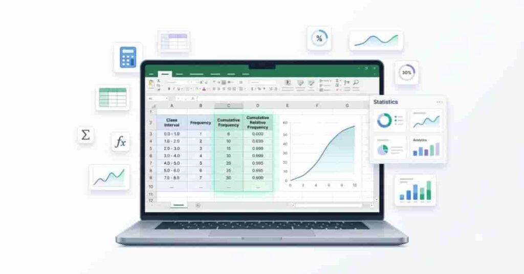 Professional Excel dashboard showing cumulative frequency table, SUM formulas, cumulative relative frequency, and an ogive chart for calculating cumulative frequency in Excel.