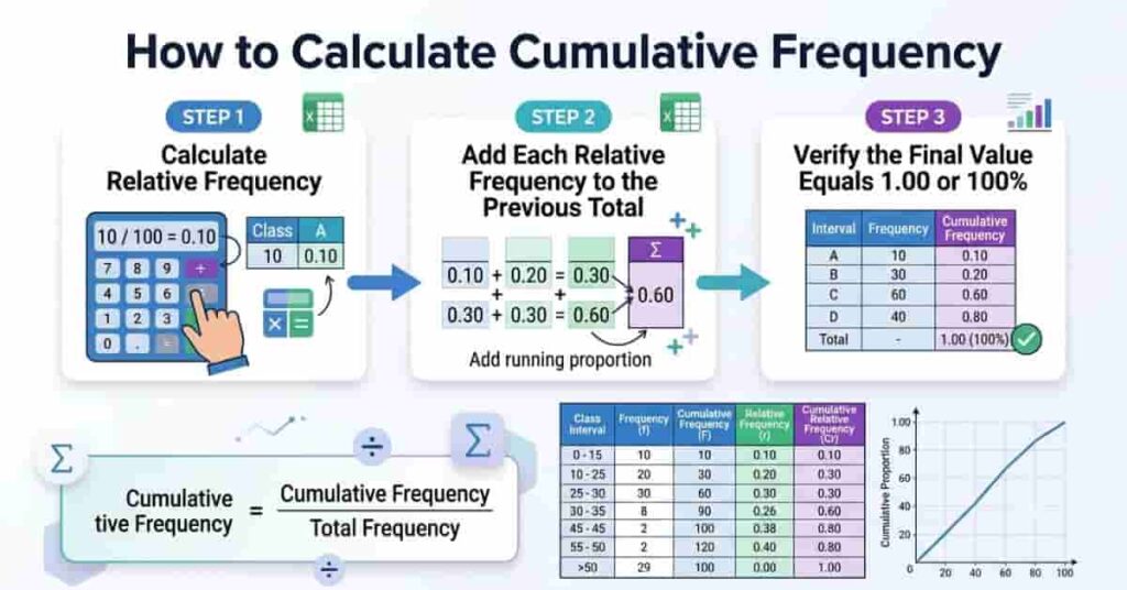 Step-by-step guide for calculating cumulative relative frequency using formulas and cumulative totals.