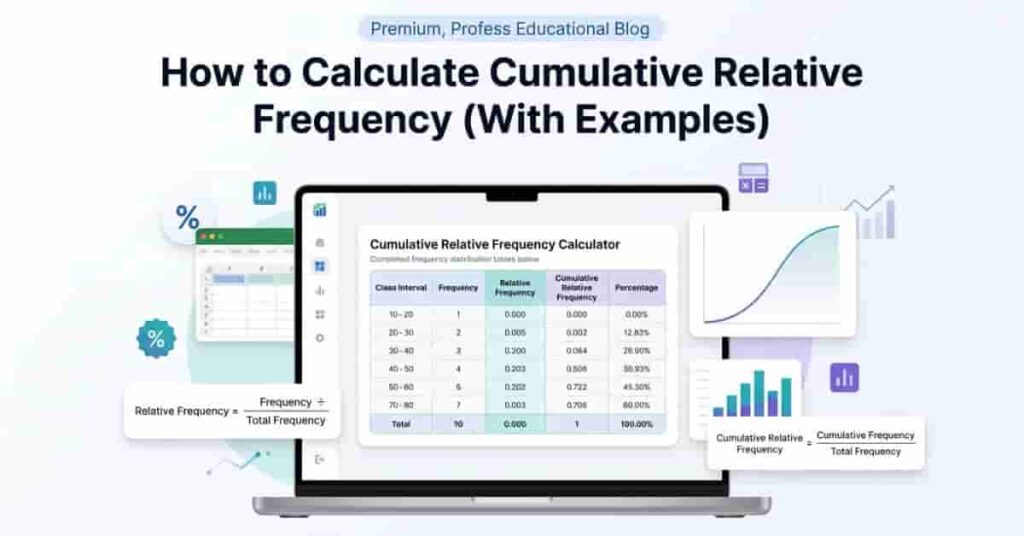 Professional featured image showing how to calculate cumulative relative frequency using a frequency table, formulas, charts, and a cumulative relative frequency calculator.