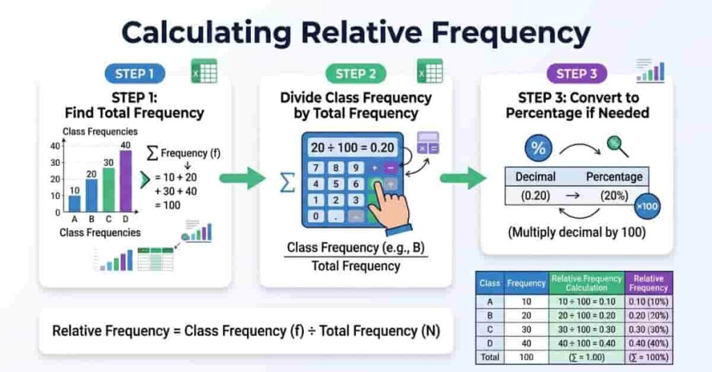 Step-by-step infographic showing how to calculate relative frequency using formulas and examples.
