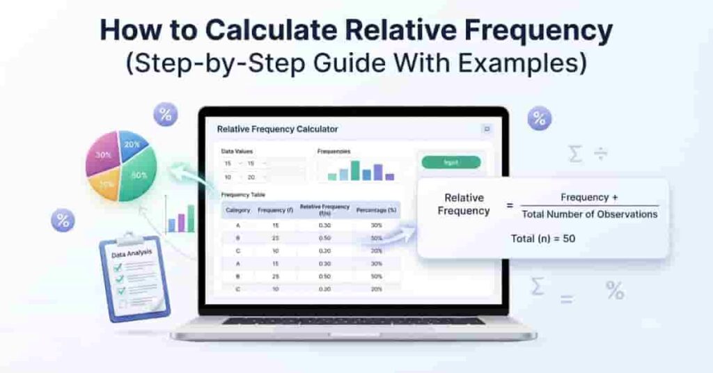 Professional featured image showing how to calculate relative frequency with a calculator interface, frequency table, formula, charts, and percentage examples.