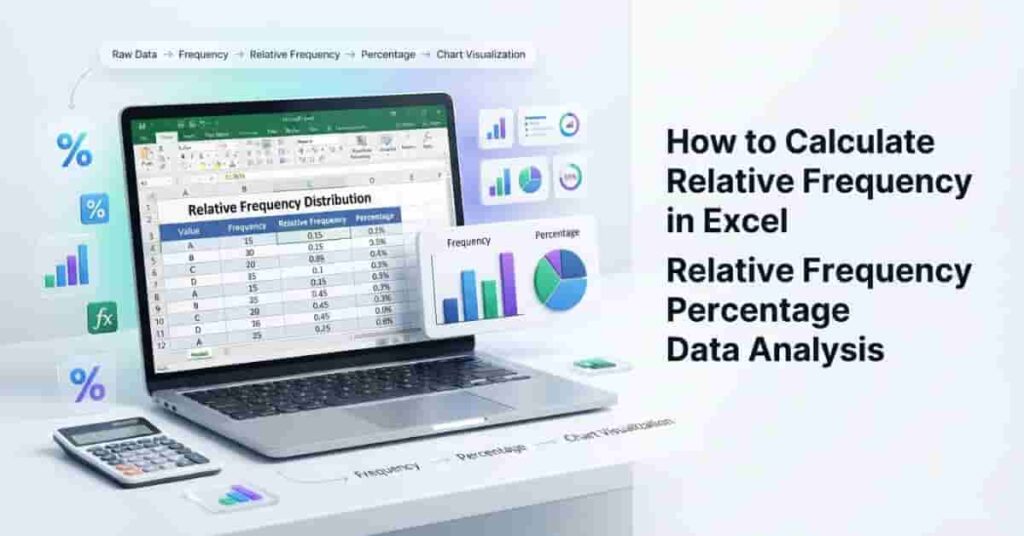 Professional featured image showing how to calculate relative frequency in Excel using formulas, frequency tables, percentages, and charts.