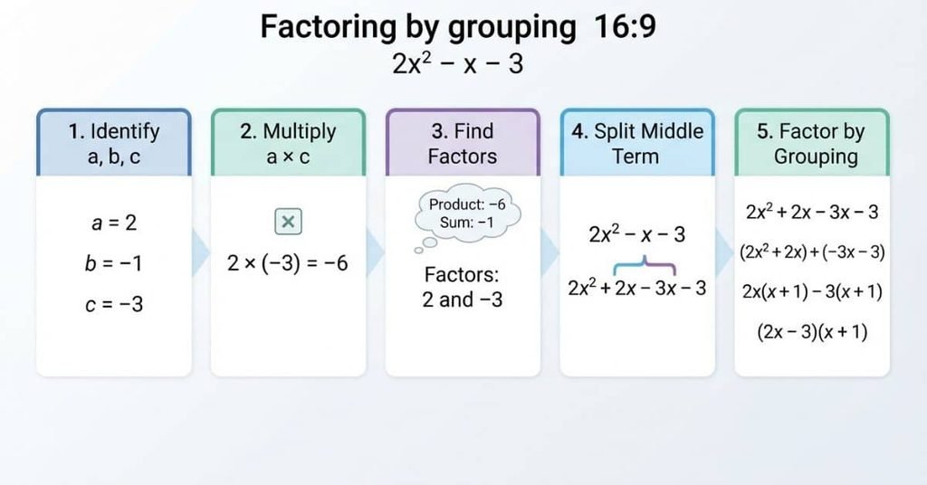 How to factor 2x² − x − 3 step by step using the AC method