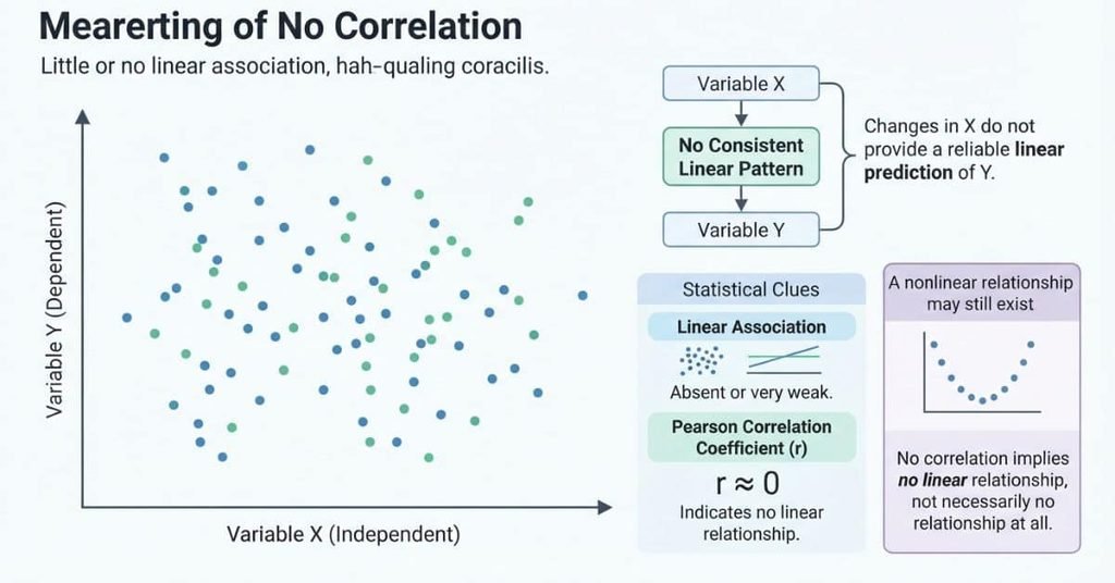 No correlation in statistics showing little or no linear association between variables