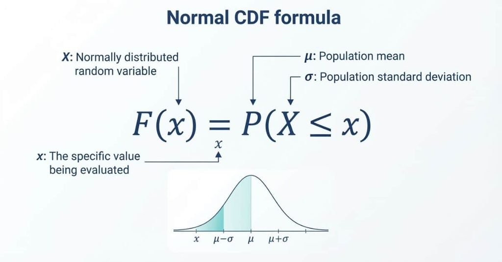 Normal CDF formula showing F(x) equals cumulative probability P(X less than or equal to x)