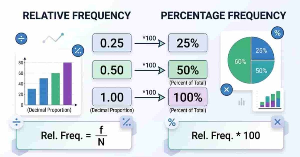 Comparison of percentage frequency and relative frequency with decimal and percentage conversions.