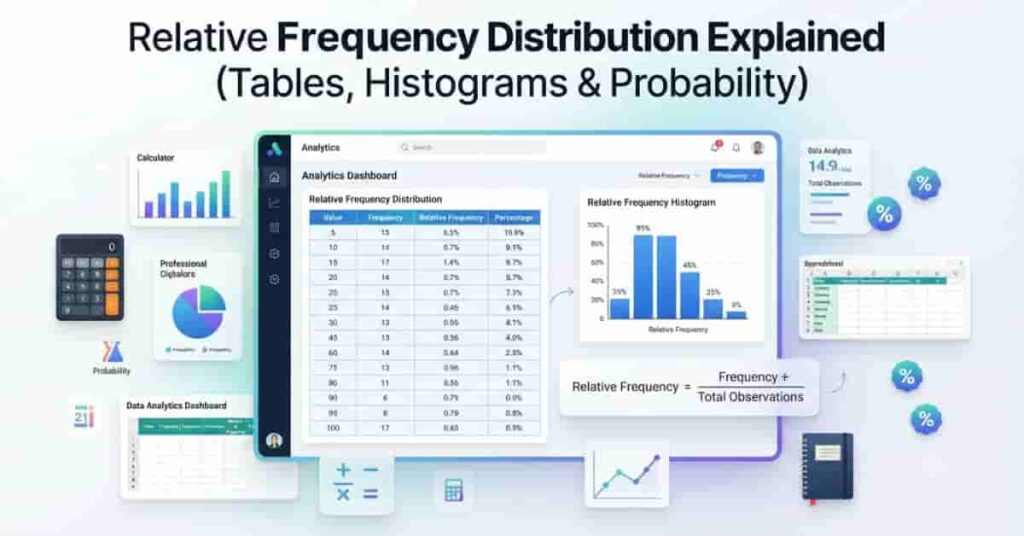 Professional relative frequency distribution dashboard showing a frequency table, histogram, probability formula, and data visualization for statistics.