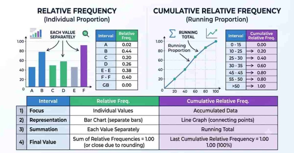 Comparison of relative frequency and cumulative relative frequency using charts and tables.