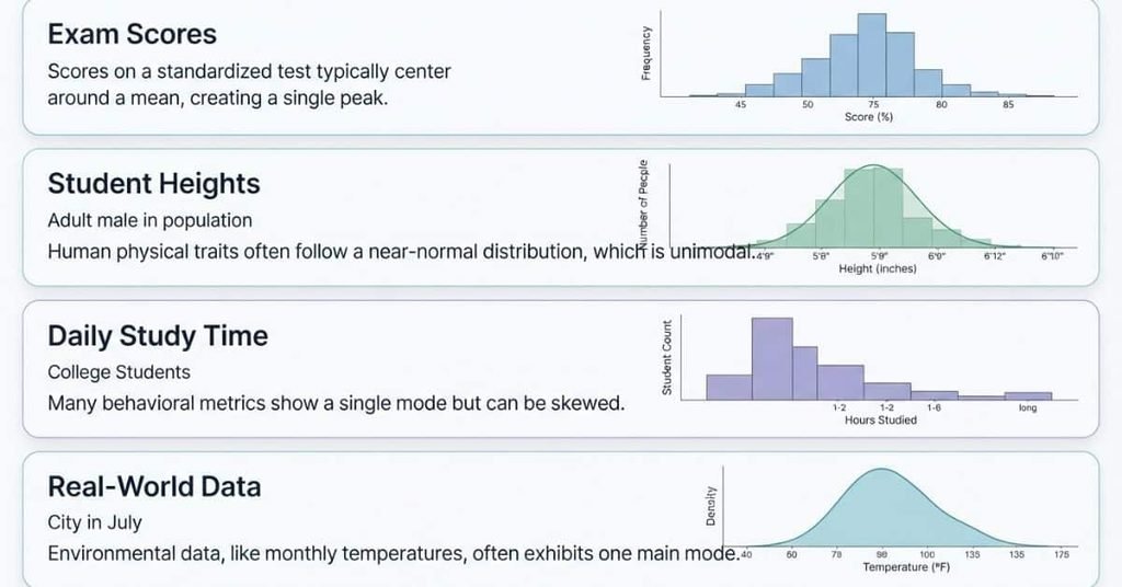 Unimodal distribution examples for exam scores, student heights, and study time