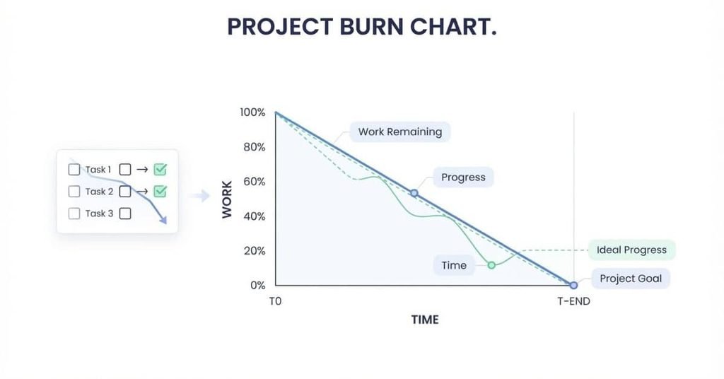 Burn chart showing project work remaining and progress over time