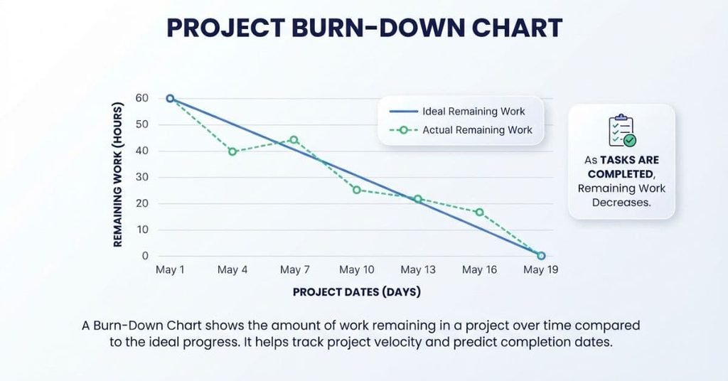 Burn-down chart showing ideal and actual remaining project work over time