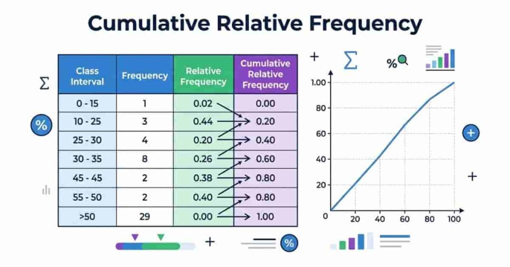 Infographic explaining cumulative relative frequency with a frequency table and cumulative line graph.