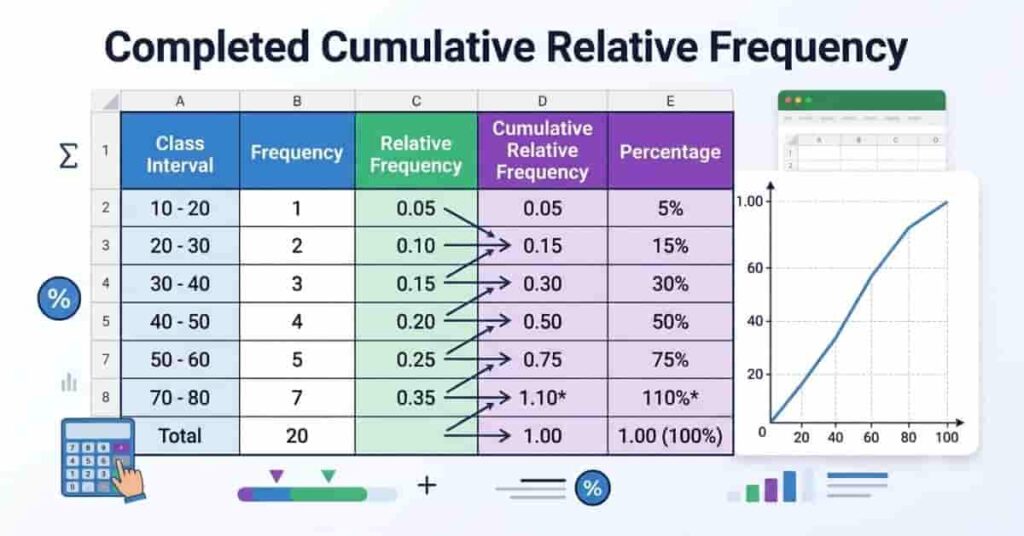 Worked example of a cumulative relative frequency table with percentages and cumulative totals.