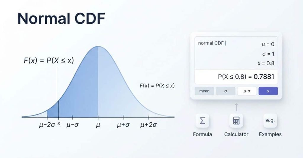 Normal CDF calculator showing formula, bell curve, and probability calculation