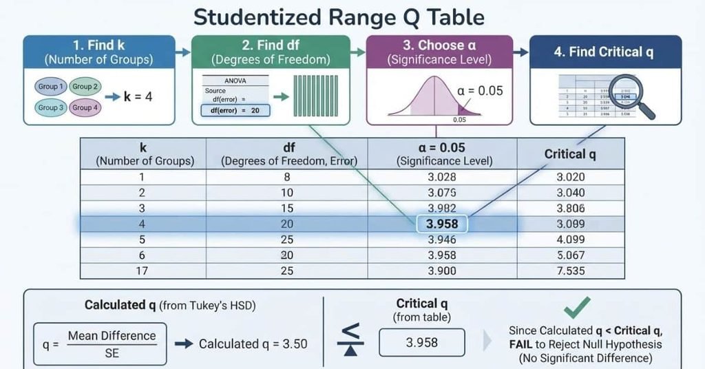 How to use the Studentized Range Q Table to find a critical q value