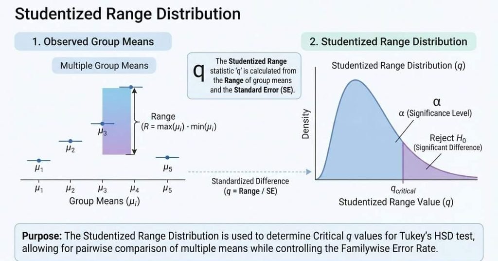Studentized Range Distribution diagram showing group means, range, and critical q