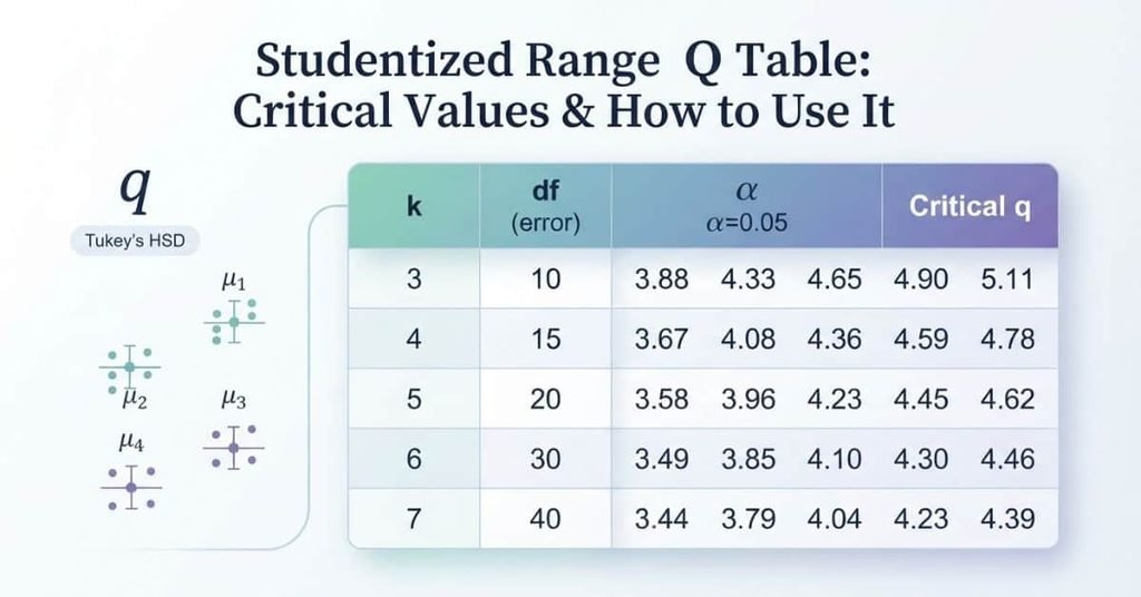 Studentized Range Q Table showing critical q values and multiple group comparisons