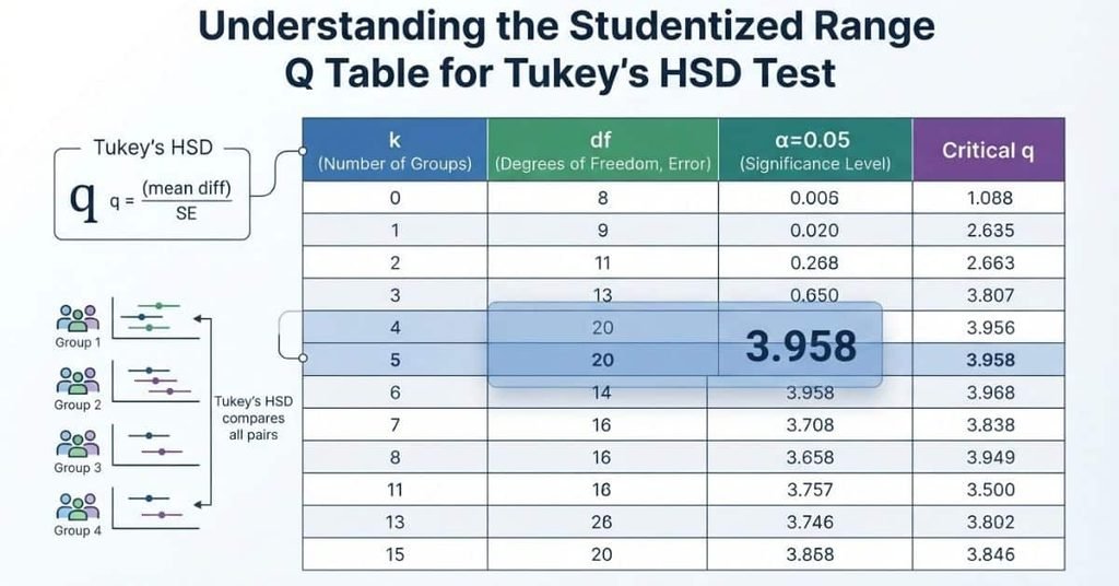 Studentized Range Q Table showing critical q values for k, df, and alpha