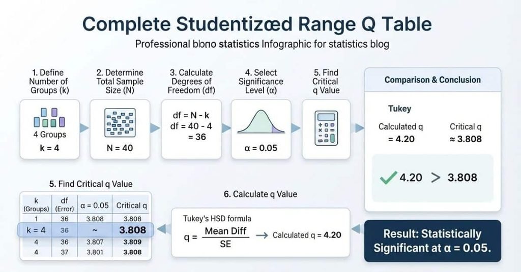 Studentized Range Q Table example comparing calculated q with critical q